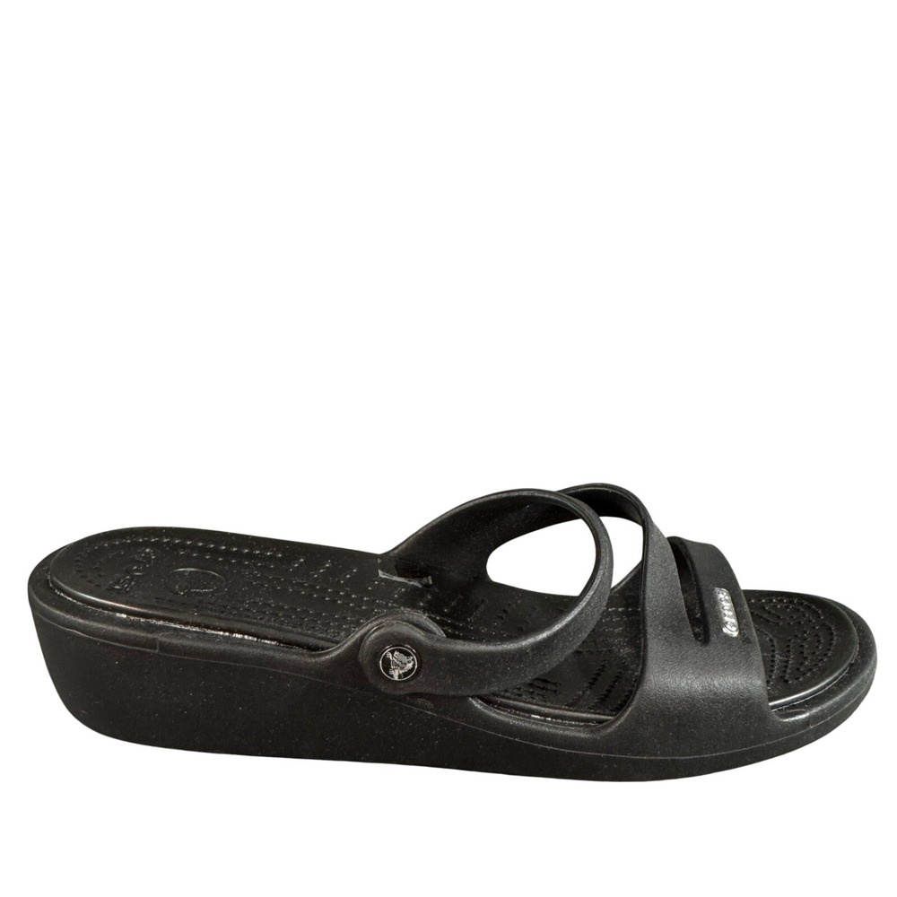 Crocs Patricia Wedge Sandals Womens Size 11 Black Multi Strap Slip On Shoes